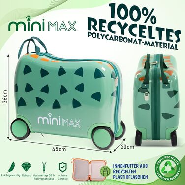 Дитяча валіза на колесах Aerolite MiniMax, розміри 45 x 36 x 20 см, EasyJet, максимальний розмір, дитяча ручна поклажа на колесах, динозавр 29 л