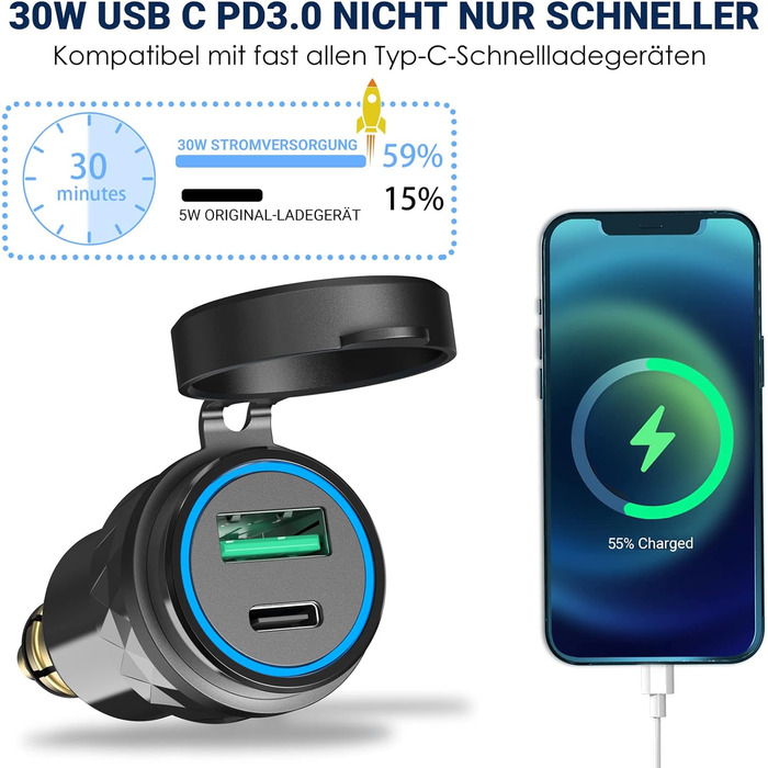 Адаптер роз'єму 30 Вт PD USB C для BMW Motorrad DIN Hella EU Plug PD & QC 3.0 USB-розетка Роз'єм Водонепроникний зарядний пристрій для прикурювача 12-24 В Караван Ducati Triumph Blue