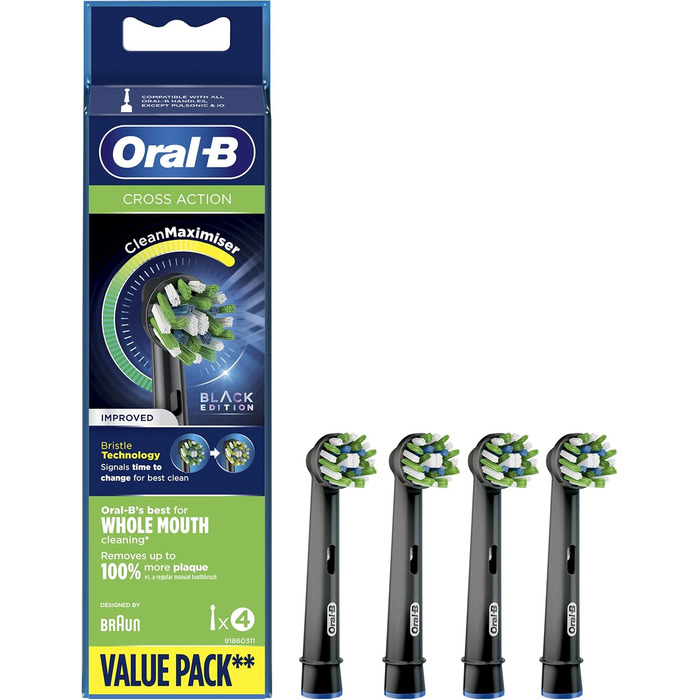 Насадки для щітки Oral-B CrossAction, 4 шт., оригінальні картриджі для чищення, з технологією CleanMaximiser, Black Black 4 шт. (1 упаковка)