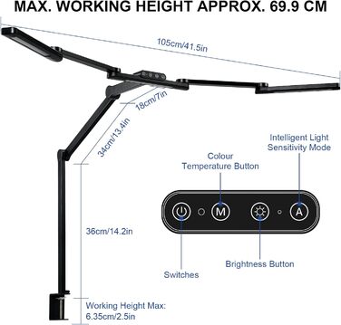 Настільна лампа Lightess Світлодіодна лампа з регулюванням яскравості, настільна лампа 105 см 24 Вт, сенсорна настільна лампа Моніторна лампа, 5 рівнів яскравості колірної температури Лампа денного світла з пам'яттю для архітекторів Домашній офіс Чорний