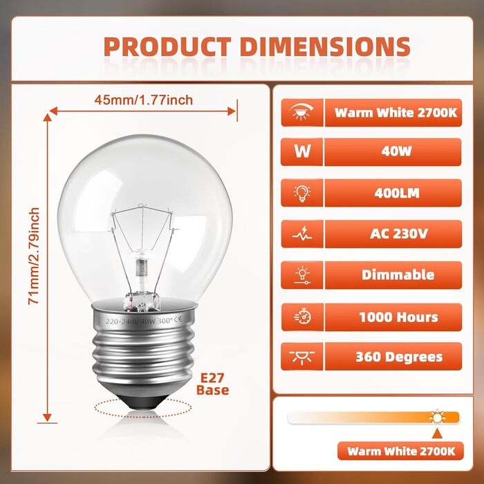 Лампа для духовки E27 G45, регульована, термостійка до 300C, лампа для духовки E27 теплий білий 2700K 400LM, прозорі лампи G45 для духовки, лавова лампа, світло для сауни, 2 шт.