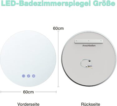 Дзеркало для ванної кімнати з підсвічуванням, кругле дзеркало для ванної кімнати 60 см з 3 кольорами світла, з регулюванням яскравості, сенсорним перемикачем, функцією пам'яті, світлодіодне дзеркало для ванної кімнати з підсвічуванням, проти запотівання, 