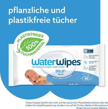 Оригінальні очищувальні серветки WaterWipes Plastic Free для немовлят, 720 шт. (12 упаковок), 99,9 очищувальні серветки на водній основі, без запаху для чутливої шкіри (1080 шт. (1 упаковка))