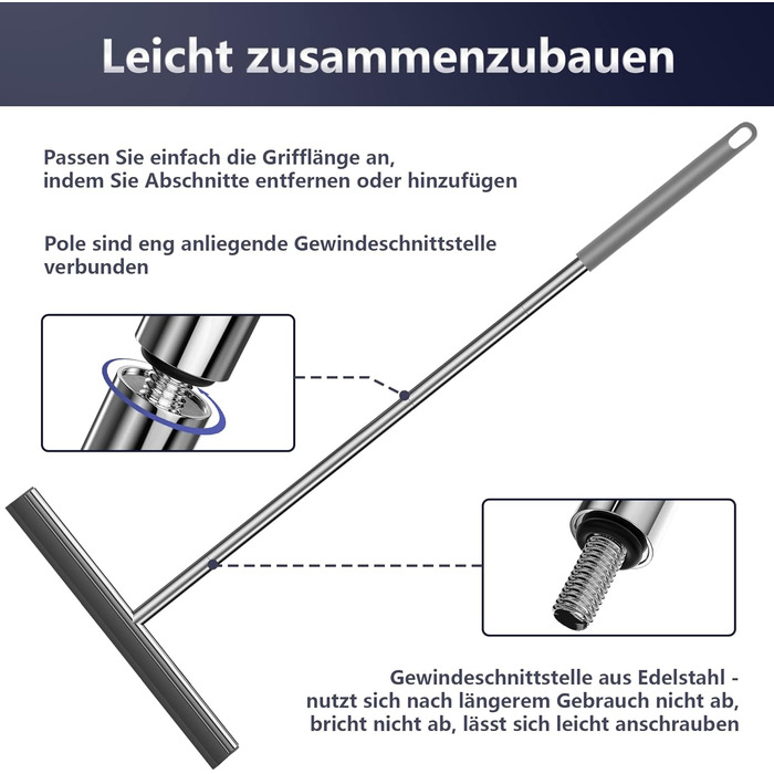 Ракель для підлогового душу, COSANSYS Water Squeegee Підлоговий ракель для душу з довгою ручкою 133 см, Ракель для душового вікна з силіконовою губкою та ручкою, Ракель для води підлоговий з гачком (нержавіюча сталь)