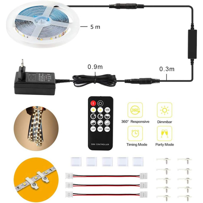 Світлодіодна стрічка KWODE, світлодіодна стрічка з регулюванням яскравості 3000K тепла біла та холодна біла стрічка 6000K, світлодіодна стрічка 12 В із джерелом живлення та пультом дистанційного керування для стелі, кухні, спальні (теплий білий, 5 м)