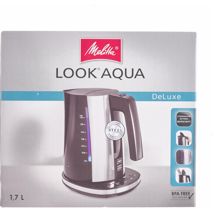 Чайник - MELITTA - Look Aqua DeLuxe 1026-14 з налаштуванням температури (80 C, 95 C, 100 C) для чаю та дитячого харчування та функцією збереження тепла, 1,7 л, 2400 Вт з налаштуванням температури один