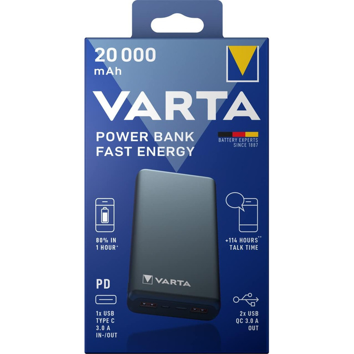 Зовнішній акумулятор Varta Fast Energy 20000mAh з 4 роз'ємами