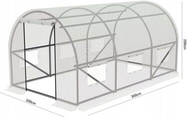 Садовий тунель 300 x 200 x 200 см Тунель з білої фольги Міцна рама Роликові двері та вікна Садова теплиця для вирощування овочів і фруктів Кріпильний набір