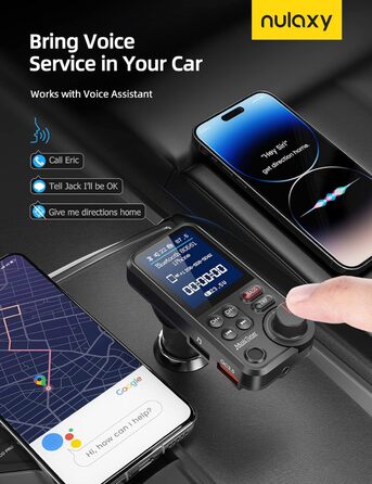 Автомобільний адаптер Bluetooth Nulaxy, потужний мікрофон FM-передавач Автомобільний Bluetooth з 1.8-дюймовим кольоровим екраном для дзвінків у режимі вільні руки, підтримка зарядки QC3.0, музичний програвач високих і низьких частот - KM30 Black