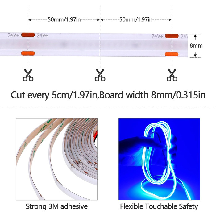 Світлодіодна стрічка GOMING 24 В COB 3000K 5M водонепроникна світлодіодна стрічка IP65 480 світлодіодів / м Без світлових плям CRI 93 Світлодіодна стрічка високої яскравості 4300 лм для прикраси домашньої кухні (тільки стрічка) (Синій, 5 метрів)