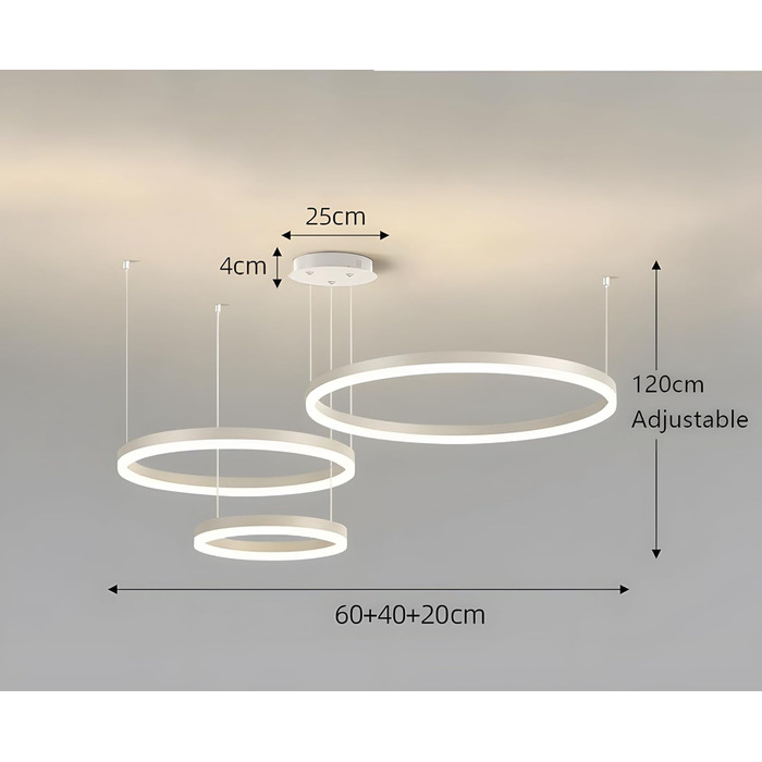Металева світлодіодна люстра WayLuoung 3 кола 204060см Стельовий підвісний світильник 45 Вт, пульт дистанційного керування з регулюванням яскравості 3000-6000K, підвісний світильник з акриловим абажуром, вітальня, спальня, фойє, їдальня (білий, 3604020 см