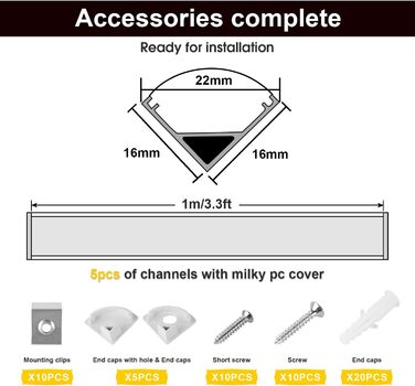 Світлодіодний профіль kefflum 5x1 м, 5 упаковок світлодіодного алюмінієвого профілю V-подібний кутовий профіль Світлодіодні канали з кришкою, торцевими кришками та кріпильними затискачами для світлодіодних стрічок Стрічки/стрічки до 10 мм білі 5 шт. V (10