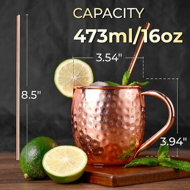 Мідні чашки Moscow Mule - набір з 4-х, 100 ручної роботи, суцільнолиті мідні чашки, подарунковий набір з 4 мідними соломинками, 1 ложкою для розмішування, 1 мідною чаркою, 1 щіткою для чищення соломинок.