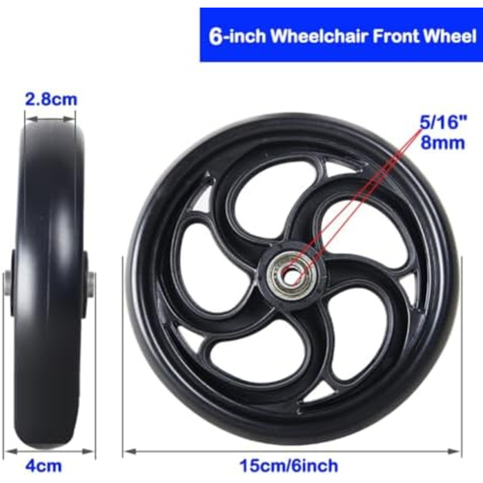 Колеса для інвалідного візка, 5 дюймів/6 дюймів/8 дюймів, запасне колесо для ходунків, передні колеса для інвалідного візка, ролики для візка, чорні протиковзкі колеса, 2 шт. и (розмір 6 дюймів/15 см) Один колір 6 дюймів/15 см