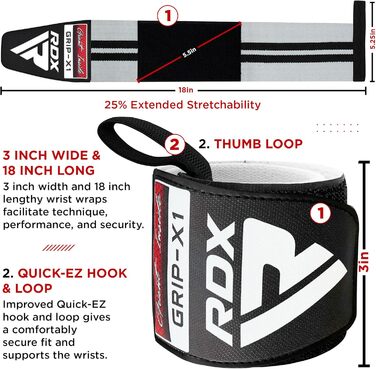 Брекети на зап'ястя RDX Фітнес-тренування з обтяженнями, схвалений IPL USPA, 45-сантиметровий бандаж для тренажерного залу Пов'язки на зап'ястя Ремені, Бандаж на зап'ястя Брекети на зап'ястя Силові тренування Аксесуари для важкої атлетики Чоловічі жіночі 