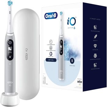 Електрична зубна щітка/електрична зубна щітка Oral-B iO Series 6, 5 режимів чищення для догляду за зубами, магнітна технологія, дисплей і дорожній кейс, подарунок чоловіку/жінці, дизайн Braun, сірий опал Старий сингл