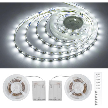 Світлодіодна стрічка JUNWEN з живленням від батареї, 5 В, денне світло біле, вирізане за розміром, 13,2 фута з 240 світлодіодами, портативне освітлення, 3 батареї типу АА (не входять у комплект), не водонепроникний, 2 упаковки по 6,6 футів кожен.