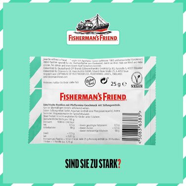 М'ята Fisherman's Friend, коробка для зберігання 24 упаковки, зі смаком м'яти перцевої та ментолу, веганська без цукру, цукерки для свіжого дихання, 24 x 25 г