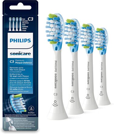 Оригінальна щітка-насадка Philips Sonicare Premium Plaque Defense HX9044/17, у 10 разів більше видалення нальоту, RFID-чіп, 4 упаковки, стандартна, біла