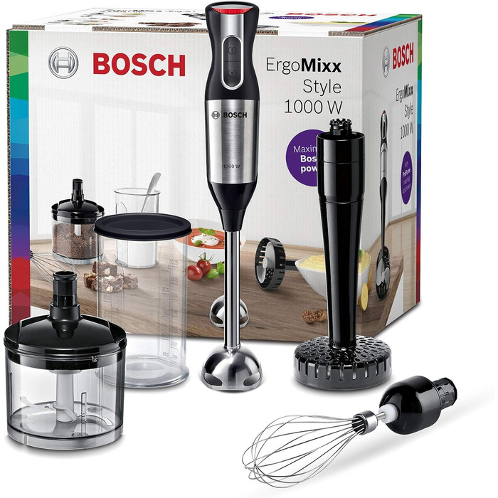 Ручний блендер Bosch ErgoMixx Style MS6CM6155, ніжка блендера, блендер, блендер і мірна чашка, віночок, 4-лезовий ніж, ергономічний дизайн, 12 рівнів плюс турбо, 1000 Вт, нержавіюча сталь