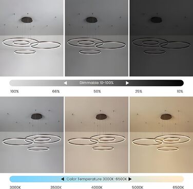 Металева світлодіодна люстра WayLuoung 3 кола 204060см Стельовий підвісний світильник з кільцями 45 Вт, пульт дистанційного керування з регулюванням яскравості 3000-6000K, підвісний світильник з акриловим екраном, вітальня, спальня, фойє, їдальня (коричне
