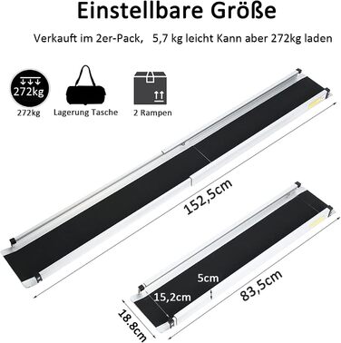 Телескопічний пандус для інвалідних візків 83,5-152 см, регульований регульований портативний алюмінієвий нековзний телескопічний пандус з вантажопідйомністю 272 кг для сходів, перешкод, сходинок будинку, в текстильній сумці, 5 футів-(83,5-152 см), 2 шт.