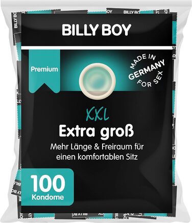 Презервативи Billy Boy Extra Large дуже довгі (195 мм) і широкі (до 62 мм), презервативи розміру XXL, прозорі, 100 шт. (1 упаковка)