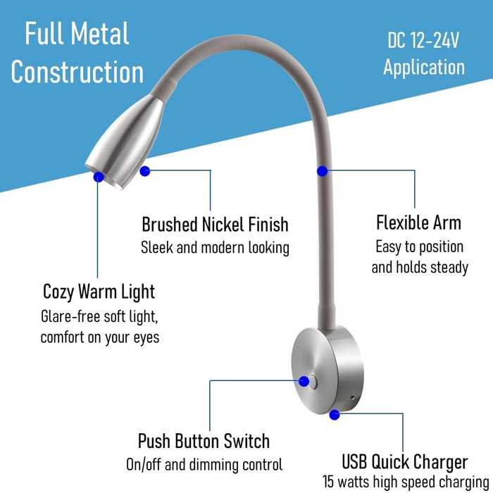 Лампа для читання ACEGOO 12 В RV Світлодіодна лампа для ліжка з можливістю затемнення та USB-швидким зарядним пристроєм, гнучка приліжкова тумбочка на гусячій шиї постійного струму 24 В 3200K, для човна, каравану, кемпера, фургона, яхти (матовий нікель)