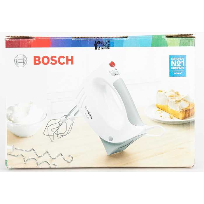 Ручний міксер Bosch MFQ3530, ручний міксер, 2 вінчики, 2 гачки для тіста з нержавіючої сталі, можна мити в посудомийній машині, 5 рівнів, 450 Вт, білий/сірий 7,7 см Д x 20,1 см Ш x 14,1 см в Білий/сірий