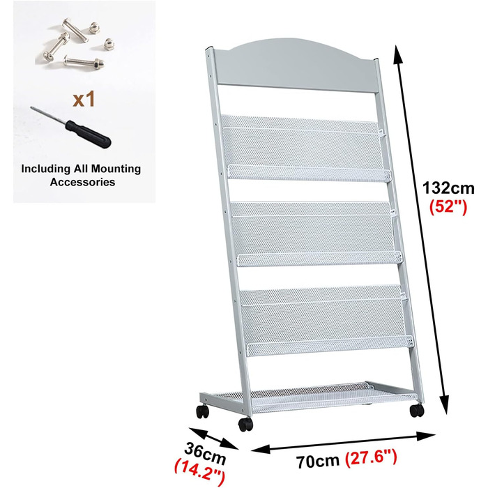 Підлоговий стелаж для журналів, підлоговий стелаж для журналів з металу, легко переміщується завдяки коліщаткам, невелика площа, простий монтаж, підходить для різних сценаріїв (білий)