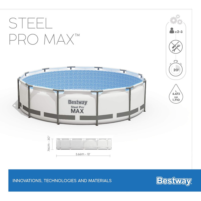 Комплект каркасного басейну Bestway Steel Pro MAX з фільтруючим насосом Ø 366 x 76 см, світло-сірий, круглий