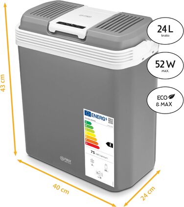 Електричний охолоджувач TZS First Austria 24 літри Підключення 12 вольт і 230 вольт з вилкою 12 В для автомобіля для кемпінгу, фестивалів і подорожей з функцією охолодження та збереження тепла сірий 24 л Сірий