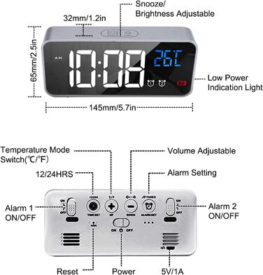 Цифровий будильник LATEC з великим світлодіодним дисплеєм температури, настільний годинник з 10 музикою, USB-порт для зарядки, 4 регульовані яскравість і гучність, відкладення, портативний дзеркальний будильник з 2 будильниками, 12/24HR (сріблястий)