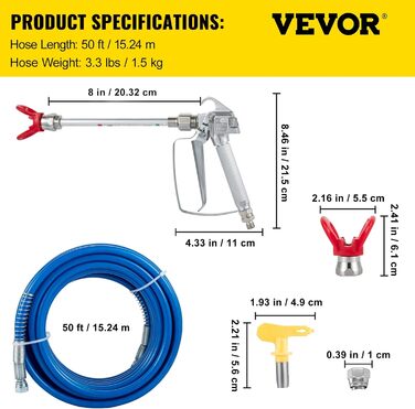 Безповітряний розпилювальний шланг VEVOR робочий тиск 248 бар, розпилювальний шланг 15,24 м, наконечник розпилювального шланга 517, робочий тиск шланга 200-300 бар, перемикається розпилювальна насадка 7/8 дюйма різьблення, розпилювальний шланг 2,2 кг (15,