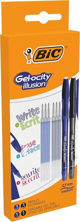 Ручка BIC Gel-ocity Illusion Rollerball, 2 гелеві ручки з 6 картриджами для заправки, синій і чорний, середня щільність лінії, набір з можливістю повторного видалення та стирання з заправками