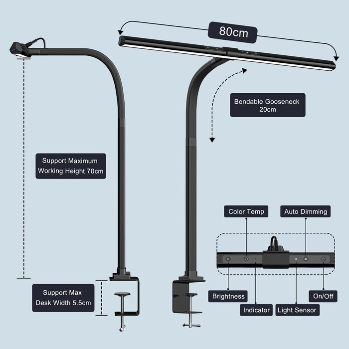 Настільна лампа 24 Вт зі світлодіодним регулюванням яскравості, надширока настільна лампа 80 см, що затискається з регульованою колірною температурою, офісна настільна лампа для захисту очей, лампа для монітора, без відблисків на екрані та мерехтіння чорн