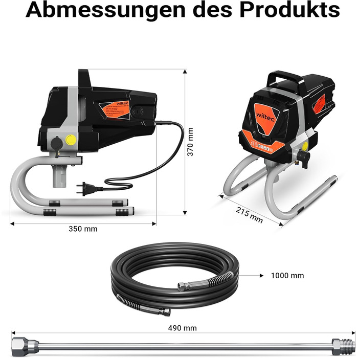 Фарборозпилювач високого тиску Wiltec 1010 Вт, 207 бар, 1,5 л/хв, фарборозпилювач з соплом і подовжувачем, фарборозпилювач для фарбування стін