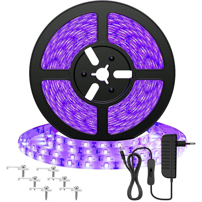УФ-світлодіодна стрічка Onforu 5M, чорна світлова стрічка з блоком живлення, гнучка стрічка 12 В 300 світлодіодів, самоклеюча УФ-лампа 2835, чорна стрічка для вечірки, бару, неонових кольорів, клубу, дискотеки, прикраси