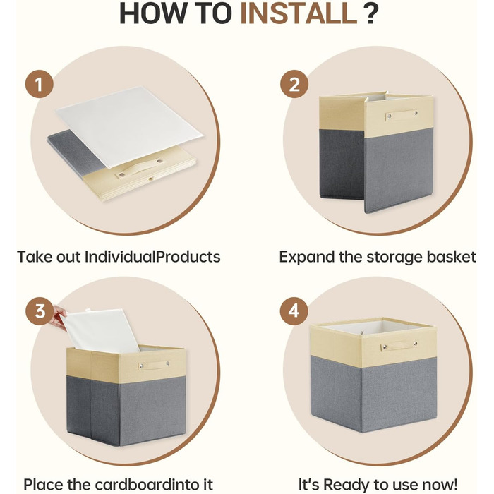 Великі кошики для зберігання 33x33x33 см, складні тканинні кубики для зберігання, органайзер, складні великі кошики для зберігання для дитячої кімнати, іграшок, шафа з полицею (6 шт. , бежевий і сірий) 13 x 13 x 13 дюймів-6Pack Бежевий і сірий