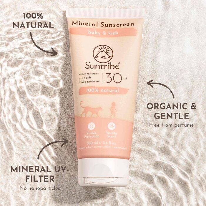 Органічний сонцезахисний крем Suntribe Mineral Baby & Kids SPF 30/100 мл, без ароматизаторів - 100 натуральний і безпечний для рифів, без нано оксиду цинку, водостійкий - Найкращий мінеральний сонцезахисний крем (The Independent)