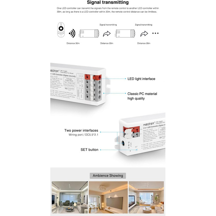 Світлодіодна стрічка LGIDTECH E2-ZR Miboxer Zigbee 2.4G 2-в-1 з проводкою без інструментів, використовується для одноколірних і двоколірних білих світлодіодних стрічок, постійного струму 12-24 В, управління зі смартфона через