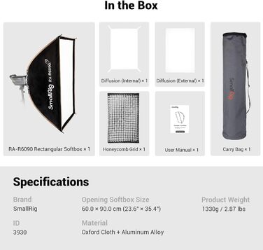 Прямокутний софтбокс SMALLRIG з дизайном швидкого пресування, 60 x 90 см (23,6 x 35,4') Софтбокс з кріпленням Bowens з променевою решіткою та дифузорами для студійного освітлення RA-R6090-3930