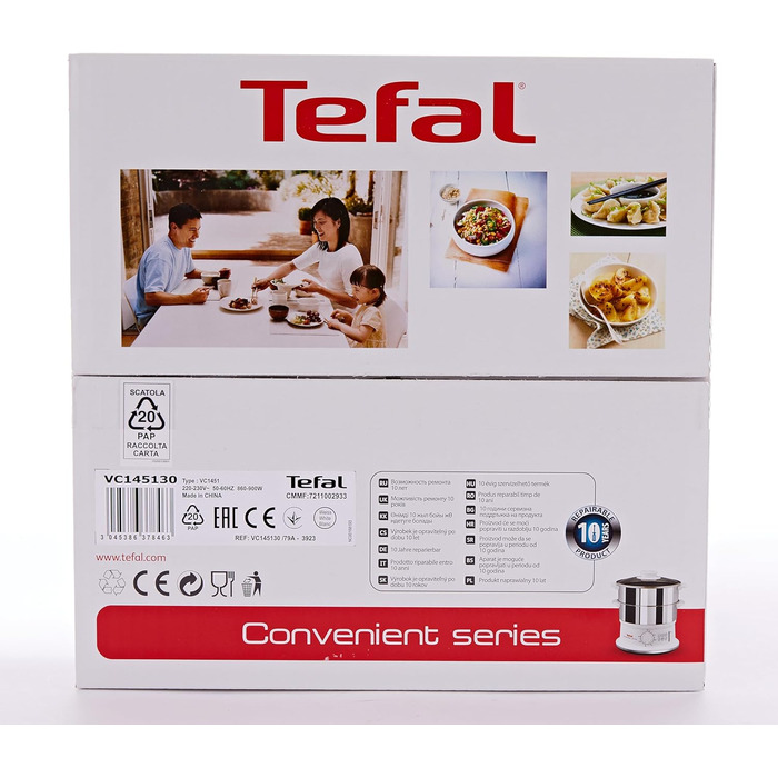 Відпарювач Tefal VC1451 2 контейнери з нержавіючої сталі Ємність 6 л Діаметр 24 см Таймер і автоматичне відключення 900 Вт Біла ЗРУЧНА СЕРІЯ