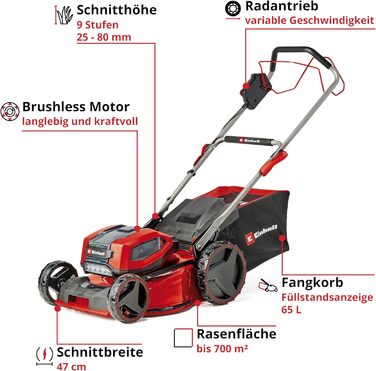 Акумуляторна газонокосарка Einhell GP-CM 36/47 S Li BL Kit Power X-Change (36 В, ширина зрізу 47 см, до 700 м, безщіткова, травозбірник 65 л, колісний привід, вкл. 4 шт. 4,0 Ач 2 шт. Twincharger)