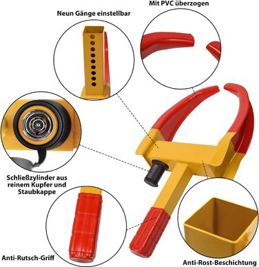 Універсальний іммобілайзер XMTECH Колесо Кіготь Кіготь Кіготь, Паркувальний кіготь Блокування колеса Протиугінний пристрій із замком безпеки та 2 ключами, регулюється для автомобіля, причепа, каравану, автофургону, червоного/жовтого