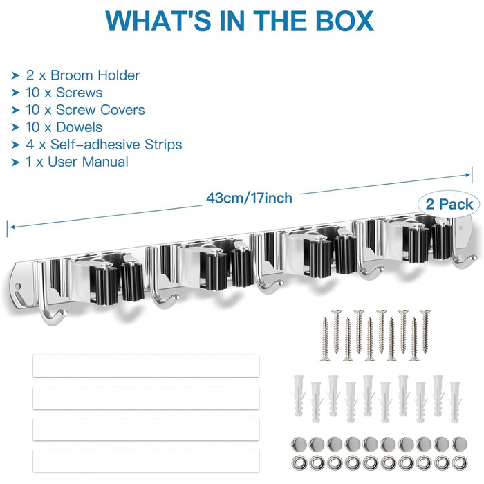 Частини тримач мітли настінний, тримач для інструментів з нержавіючої сталі з 4 тримачами та 5 гачками, тримач для садового інструменту тримач швабри настінний кронштейн самоклеючий тримач інструменту настінний гачок для ванної кімнати сад гараж 2 шт. и 4