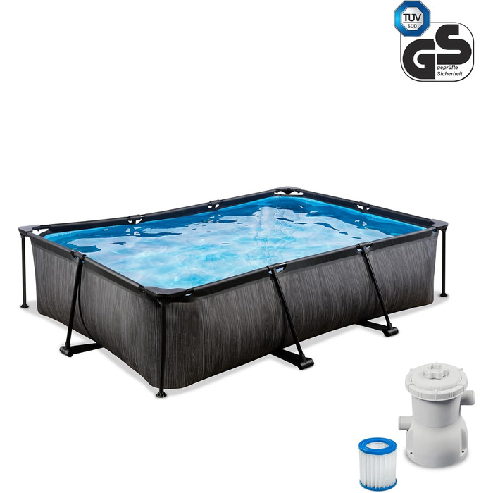 Басейн EXIT Toys Black Wood Pool - 300x200x65 см - Прямокутний, компактний каркасний басейн з картриджним фільтруючим насосом - Легкий доступ - Підходить для маленьких дітей - Міцний каркас - Унікальний дизайн - Чорний