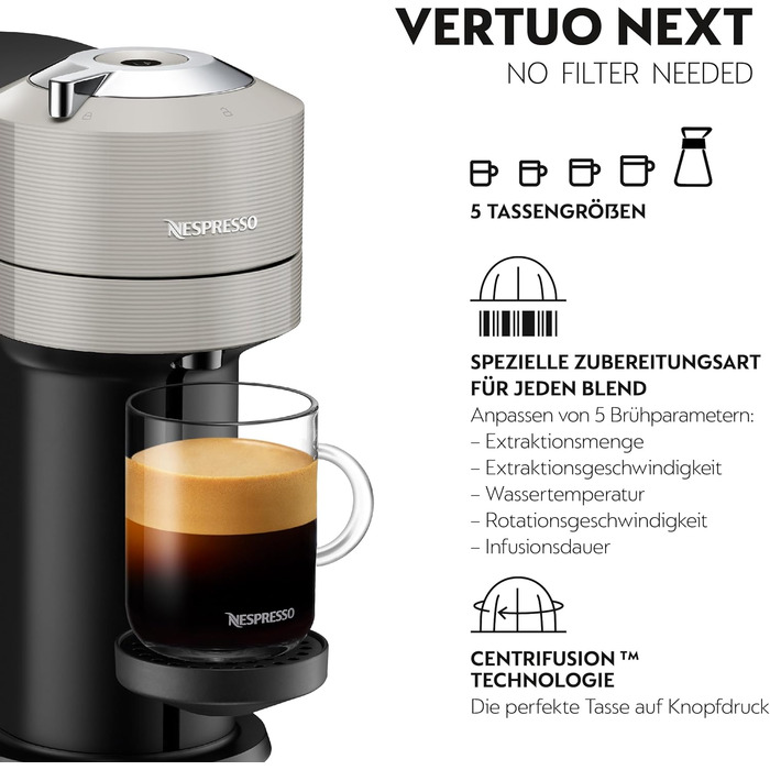 Машина Krups XN910B Nespresso Vertuo Next Кавова капсульна машина Кавоварка Nespresso Резервуар для води 1,1 л 6 розмірів чашок Функція вимкнення живлення 54 переробленого пластику Світло-сірий без піноутворювача молока