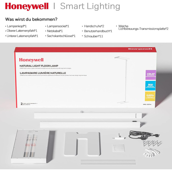 Світлодіодний торшер Honeywell Modern - 02E Pro Sunturalux Eye Caring Натуральний стоячий світильник, 10040 лм з можливістю затемнення, денне світло 100 Вт, 4000K, 77 Читання Висока лампара для домашнього офісу, вітальні, спальні