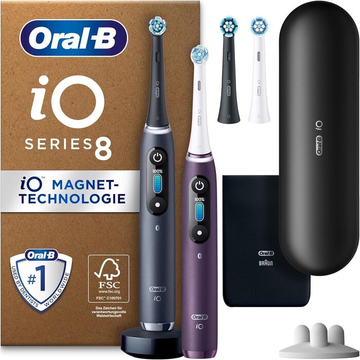 Електрична зубна щітка Oral-B iO Series 8 Plus Edition, подвійна упаковка ПЛЮС 3 щітки в т.ч. відбілювання магнітний чохол, 6 режимів чищення, подарунок чоловік/жінка, чорний/фіолетовий